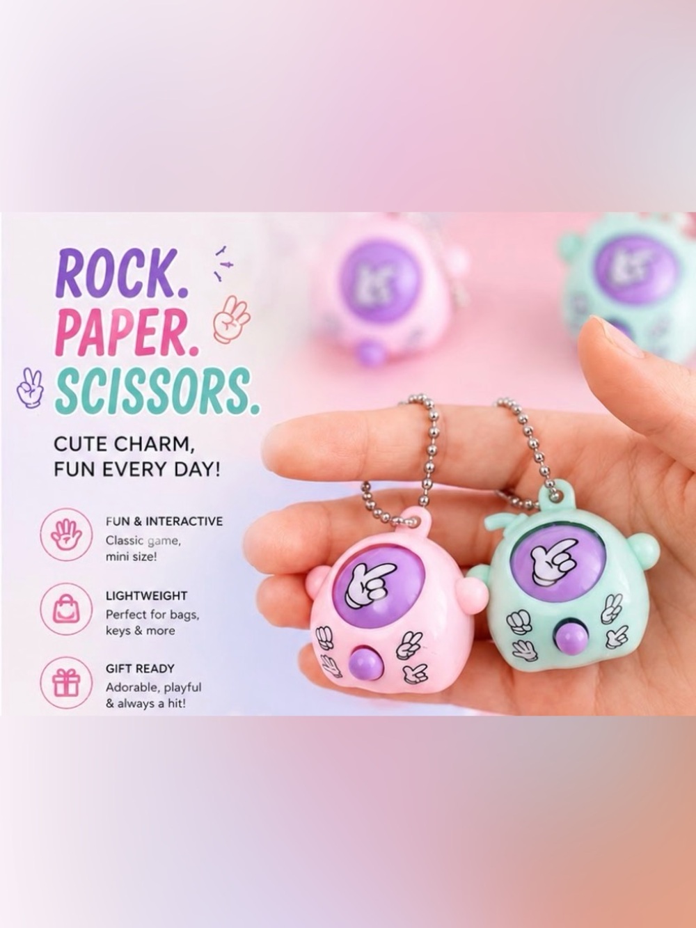 Rock Paper Scissors set of 2 key chains or bag charms NWT